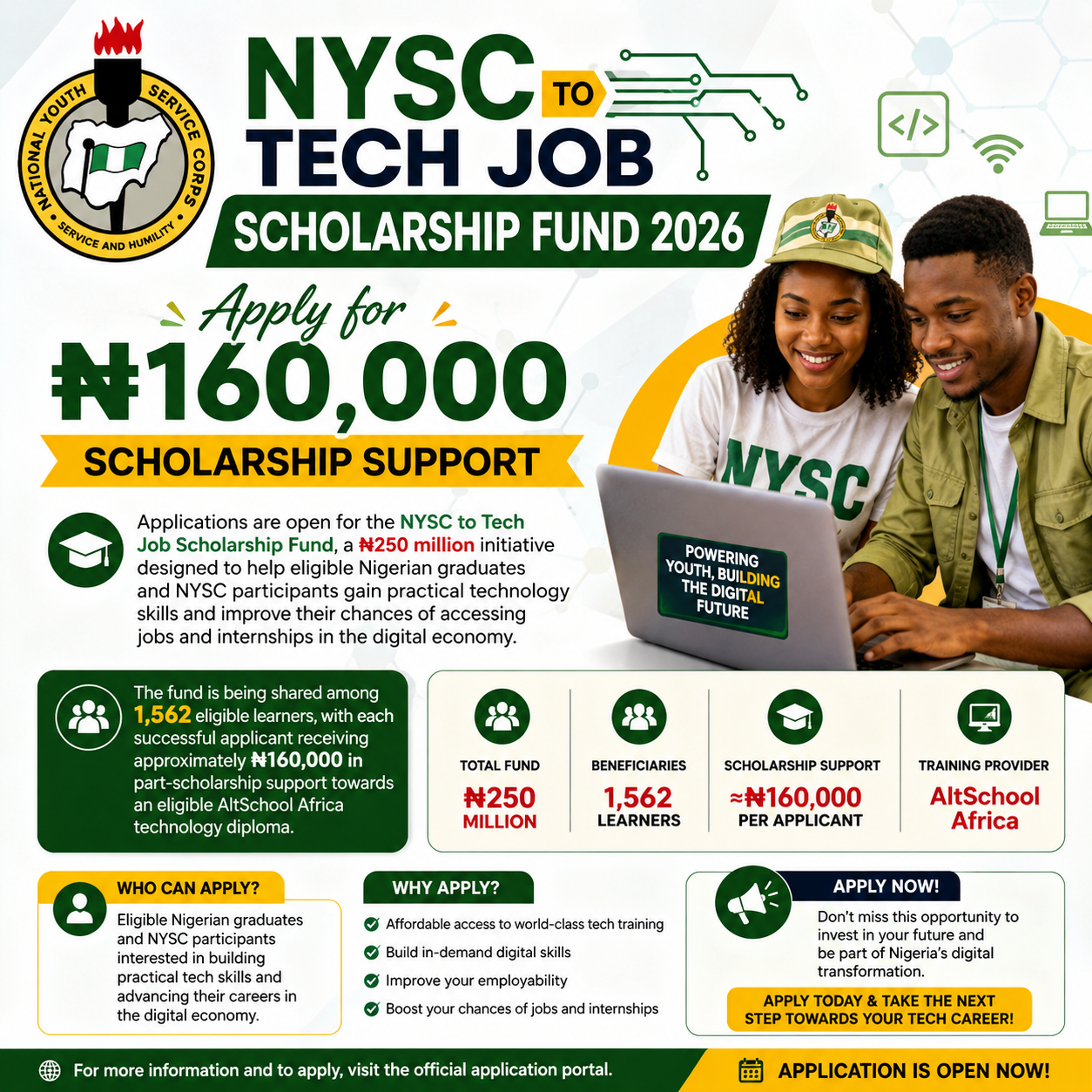 NYSC to Tech Job Scholarship Fund 2026: Apply for ₦160,000 Scholarship Support