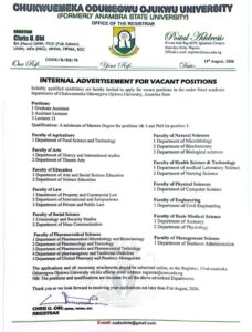 Employment Ongoing at Chukwuemeka Odumegwu Ojukwu University (COOU)