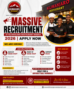 Massive Recruitment at Kilimanjaro Restaurant Nigeria 2026 |Apply Now