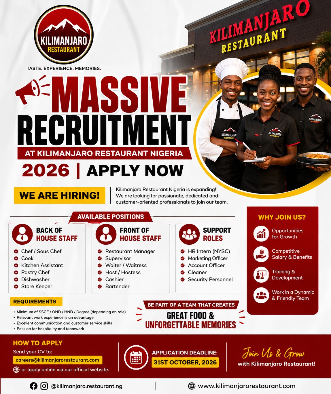Massive Recruitment at Kilimanjaro Restaurant Nigeria 2026 |Apply Now