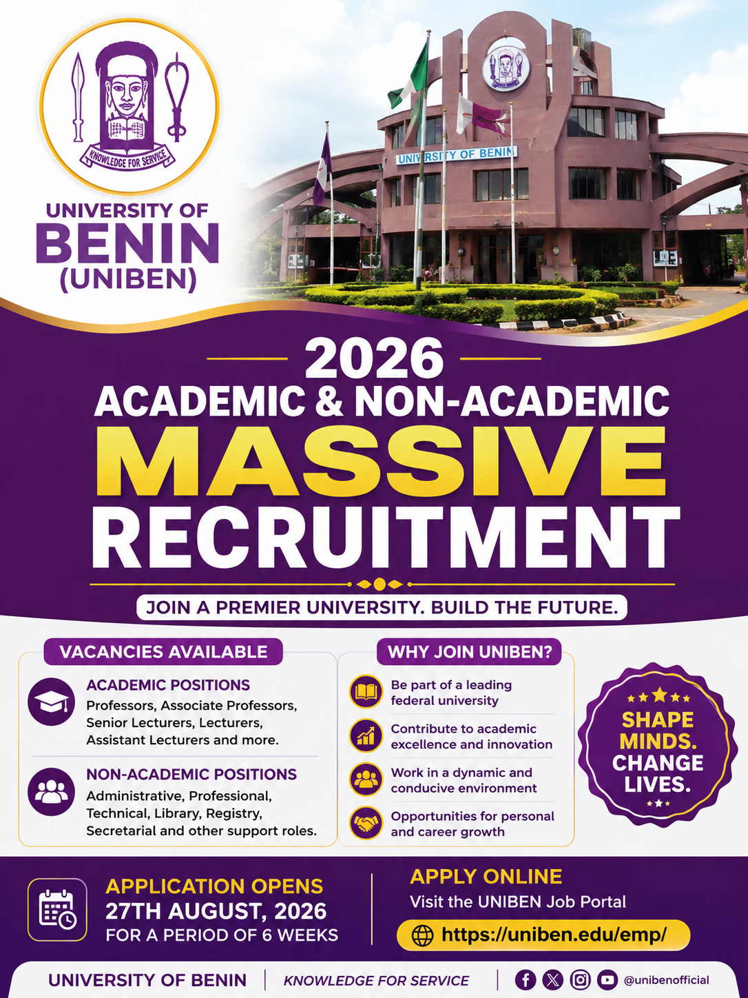 University of Benin (UNIBEN) 2026 Academic & Non-Academic Massive Recruitment 