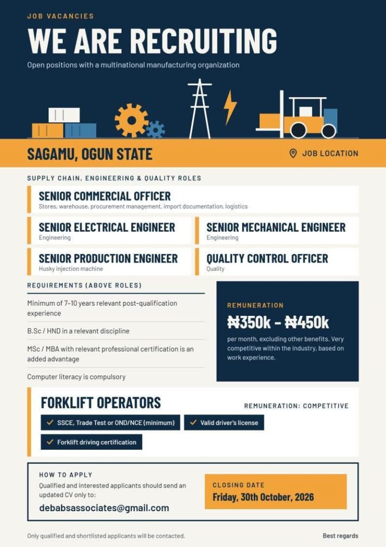 JOB ALERT: Multinational Manufacturing Company Opens Recruitment for ...